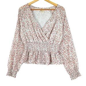 Womens Top Medium Babydoll Romantic‎ Floral Smocked Boho Fairy Wrap Coquette